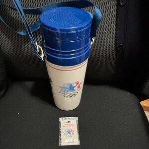 Aladdin 1984 Olympic Thermos with matching 1984 Star Olympic pin